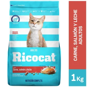 RICOCAT Comida para Gatos Adultos Carne, Salmón y Leche Bolsa 1kg