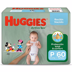 Pañal Huggies Active Sec Recién Nacido Talla P - Paquete 60un